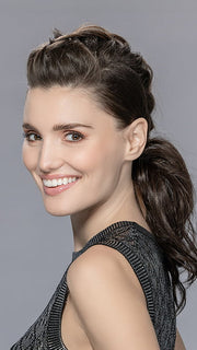 Model is wearing CAVA by ELLEN WILLE in DARK CHOCOLATE MIX 4.6.33 | Darkest/Dark Brown with Dark Auburn Blend