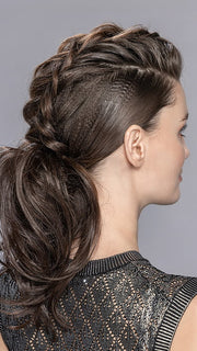 Model is wearing CAVA by ELLEN WILLE in DARK CHOCOLATE MIX 4.6.33 | Darkest/Dark Brown with Dark Auburn Blend
