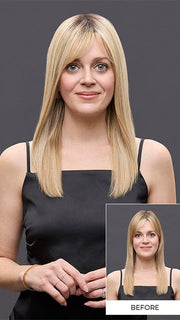 Model is wearing EASITOP LITE PETITE 14 IN by JON RENAU in color 101/88/27S8 CATALINA BLONDE | Pale blonde with Pure White Natural Violet halo highlights, shaded medium brown