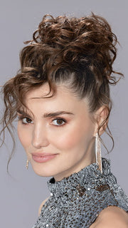 Model is wearing ICE by ELLEN WILLE in color CHOCOLATE-MIX | Medium Brown Blended with Light Auburn, and Dark Brown Blend