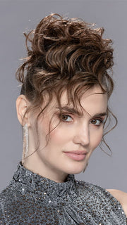Model is wearing ICE by ELLEN WILLE in color CHOCOLATE-MIX | Medium Brown Blended with Light Auburn, and Dark Brown Blend
