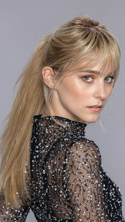 Model is wearing LEMON II by ELLEN WILLE in color SANDY BLONDE ROOTED 16.22.14 | Medium Blonde and Light Neutral Blonde with Medium Ash Blonde Blend and Shaded Roots