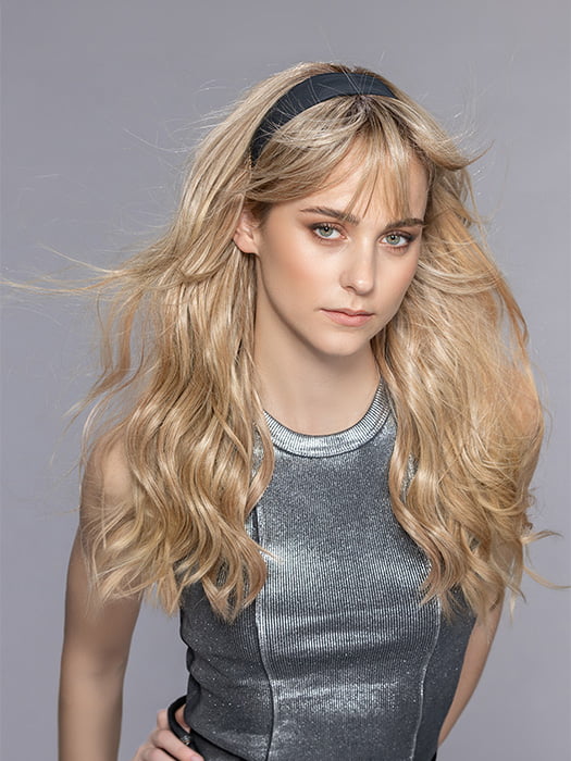 Model is wearing STEVIA by ELLEN WILLE in color SAHARA BEIGE MIX 16.22.14 | Medium Blonde and Light Neutral Blonde with Medium Ash Blonde Blend