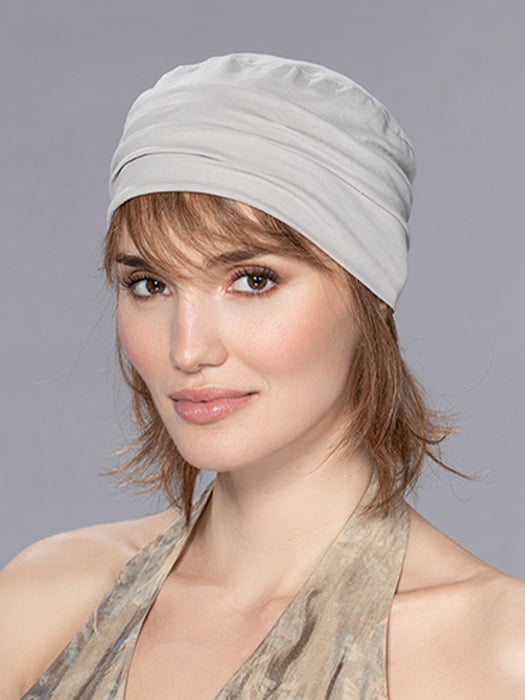Model is wearing VERBENA by ELLEN WILLE in color MOCCA MIX 830.10 | Medium Brown Blended with Light Auburn and Light Brown Blend