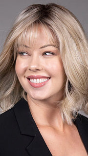 Model is wearing CATALINA in BUTTERBEER R | Dark Brown Base and Root that transitions smoothly into a buttery blonde, infused with creamy honey and toffee tones