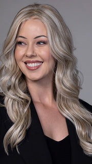 Model is wearing PRIESTLY in color CREAM SODA BLONDE | A warm blend of honey-gold highlights and creamy beige tones over a soft brunette base (Not offered in this color. For illustration purposes only).