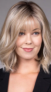 Model is wearing CATALINA in BUTTERBEER R | Dark Brown Base and Root that transitions smoothly into a buttery blonde, infused with creamy honey and toffee tones