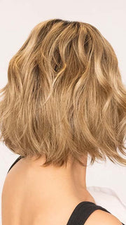 Roxie wearing MARSHA by ENVY in color GOLDEN NUTMEG | Medium Brown roots with overall Warm Cinnamon base and Golden Blonde Highlights