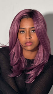 Sophia is wearing COSMO SLEEK by Rene of Paris in MAUVE BERRY | Smoky Fused Pale Violet Base with Medium Brown Roots