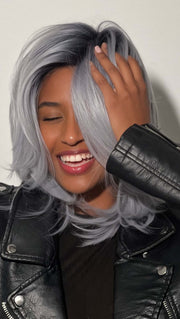  Sophia is wearing the LUXE SLEEK by Rene of Paris in FROZEN-SAPPHIRE | Icy Blue Base with Indigo Black Roots