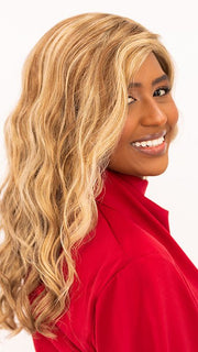 Sophia wearing color 14/26 NEW YORK CHEESECAKE | Medium Natural-Ash Blonde & Medium Red-Gold Blonde Blend