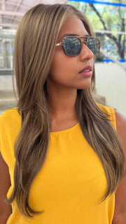 Sophia wearing ZARA LITE by Jon Renau in 8RH14 MOUSSE CAKE | Medium Brown with 33% Medium Natural Blonde Highlights