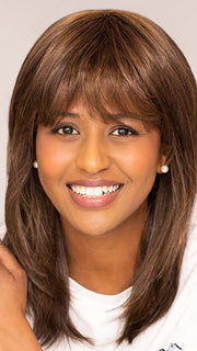 Sophia wearing MIRANDA by ENVY in color MEDIUM BROWN | Medium Brown with natural highlights