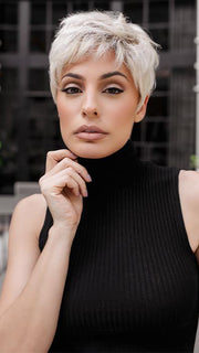 Roxie wearing TAB by ELLEN WILLE in CHAMPAGNE ROOTED | Light Beige Blonde, Medium Honey Blonde, and Platinum Blonde blend with Dark Roots