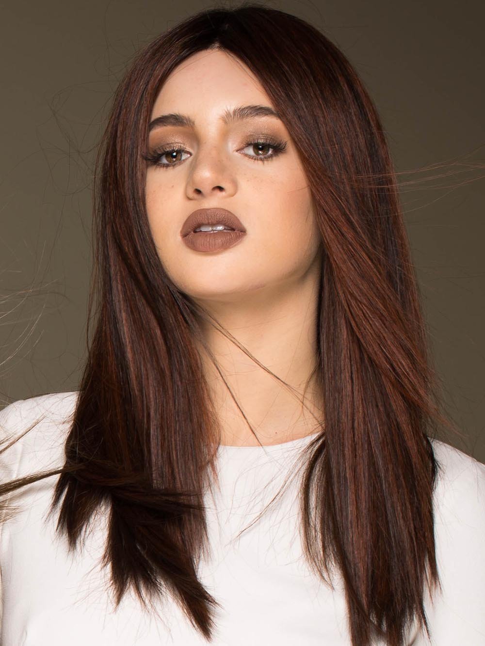 VERONICA by ENVY in CHOCOLATE CHERRY | Dark Brown roots with overall Medium Brown base with Deep Red highlights  (This piece has been styled and straightened)