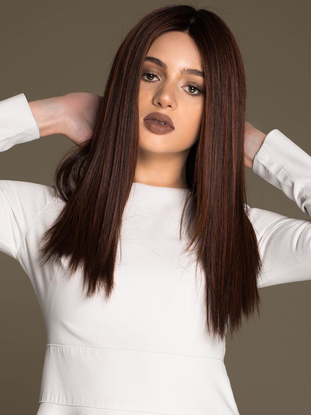 VERONICA by ENVY in CHOCOLATE CHERRY | Dark Brown roots with overall Medium Brown base with Deep Red highlights  (This piece has been styled and straightened)