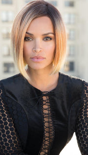 KAI by RENE OF PARIS in MELTED-SUNSET | Medium Brown Roots that Melt into a Peachy Light Brown Blend layered on top of Apricot Blonde and Intense Gold Blonde at Nape PPC MAIN IMAGE FB MAIN IMAGE