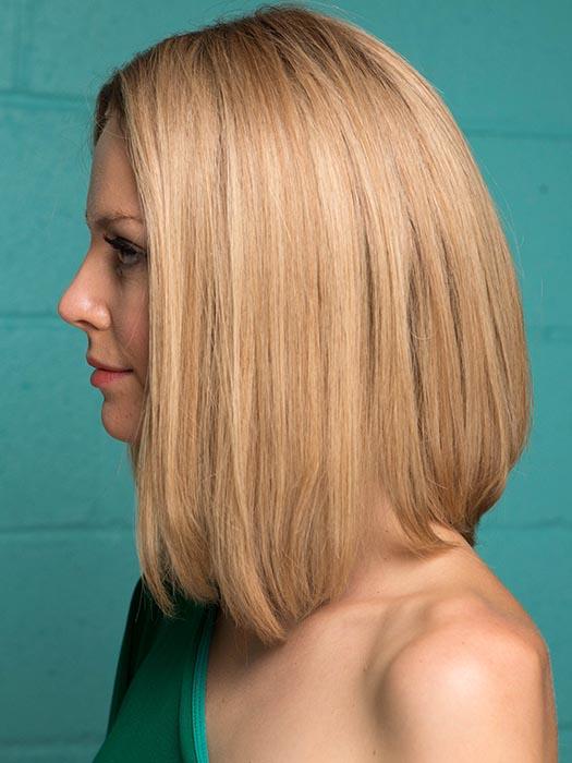 INSPIRE by ELLEN WILLE in SANDY BLONDE ROOTED | Medium Honey Blonde, Light Ash Blonde, and Lightest Reddish Brown blend with Dark Roots (This piece has been styled for this look)