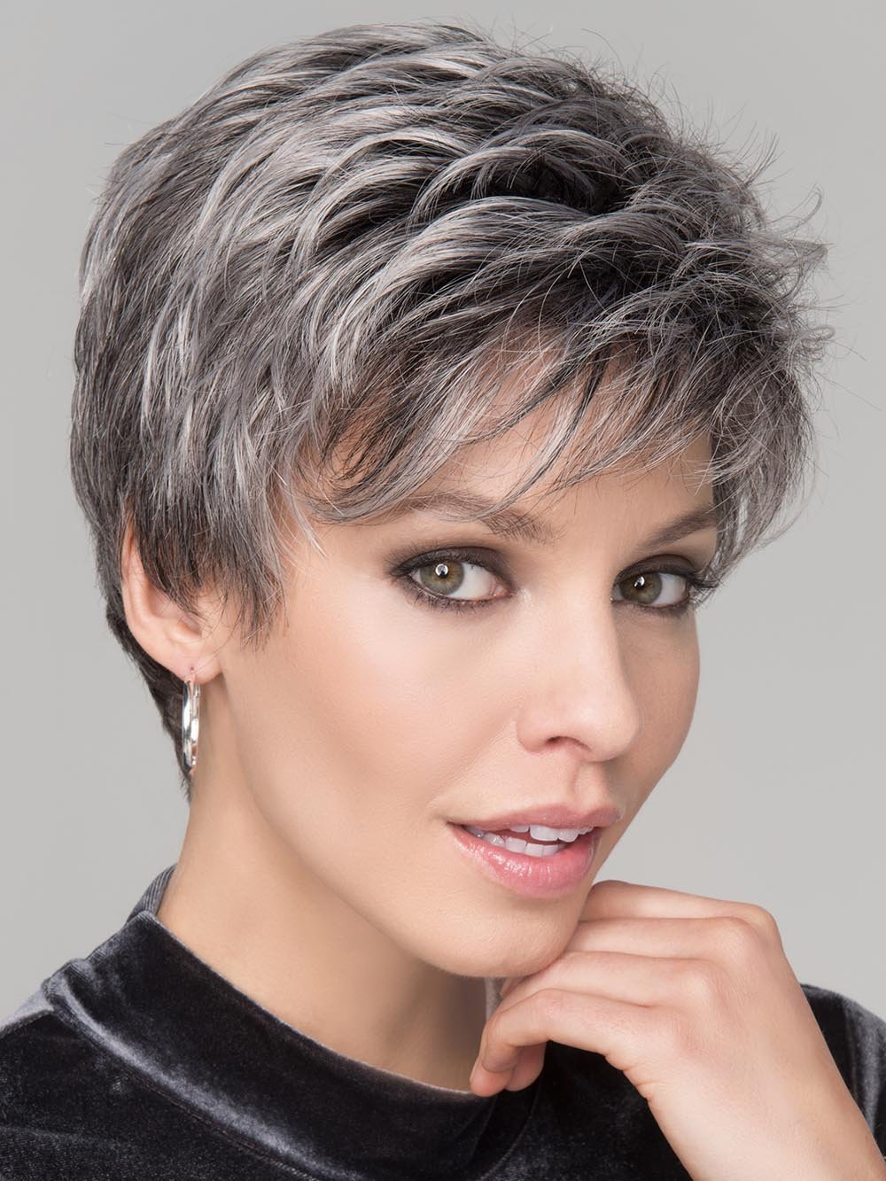 SPRING HI Wig by ELLEN WILLE in SALT/PEPPER MIX | Light Natural Brown with 75% Gray, Medium Brown with 70% Gray and Pure White Blend