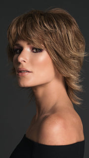 APPLAUSE by RAQUEL WELCH in R11S+ GLAZED MOCHA | Warm Medium Brown with Golden Blonde Highlights on Top  (Style has been blow dried and shaping creme was used for this look)