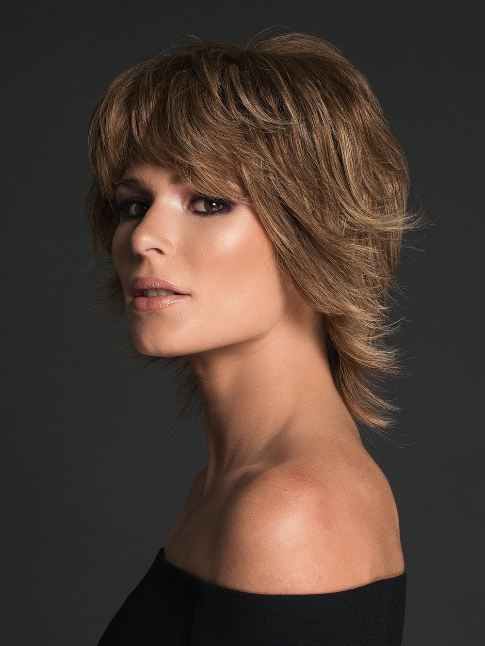 APPLAUSE by RAQUEL WELCH in R11S+ GLAZED MOCHA | Warm Medium Brown with Golden Blonde Highlights on Top  (Style has been blow dried and shaping creme was used for this look)