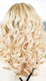 PLF 006HM by LOUIS FERRE in SUNSHINE GOLD | Dark Brown Root and Light Blonde Blended with Light Red Tones (PIECE WAS CURLED TO GET THIS LOOK)