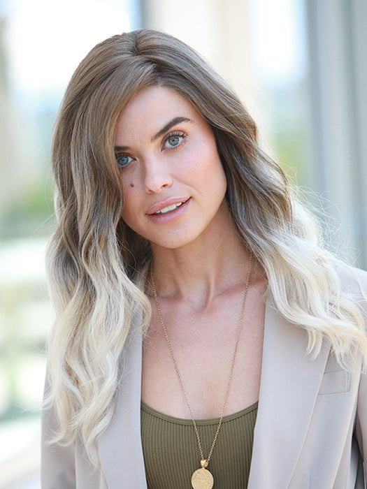 Sarah by Jon Renau in S18-60/102RO SOLSTICE | Dark Natural Ash Blonde roots to midlength, pure white with Pale Platinum Blonde midlength to ends