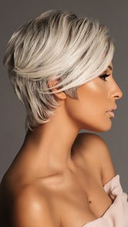 AMAZE by ELLEN WILLE in SILVER ROOTED | Pure Silver White and Pearl Platinum Blonde Blend (Style has been blow dried and shaping creme was used for this look)