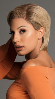 ALLURE by ELLEN WILLE in CHAMPAGNE ROOTED | Light Beige Blonde, Medium Honey Blonde, and Platinum Blonde Blend with Dark Roots (This piece has been styled and straightened)