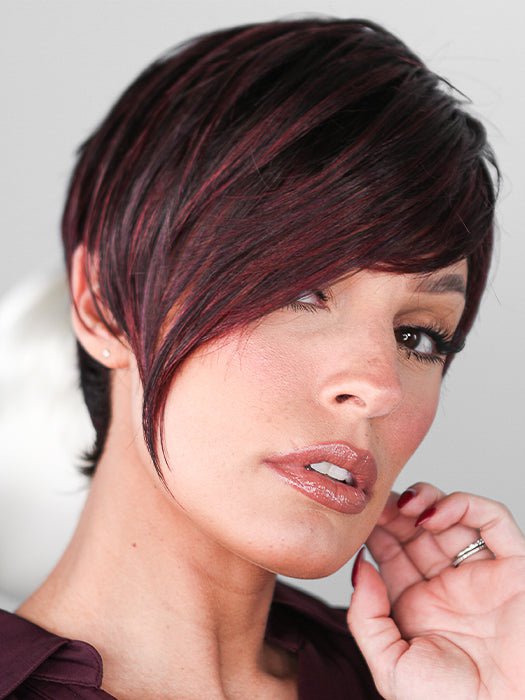 DISC by Ellen Wille in color AUBERGINE MIX | Darkest Brown with hints of Plum at base and Bright Cherry Red and Dark Burgundy Highlights