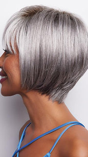 SILVER-STONE-R | Silver Medium Brown Blend That Transitions To More Silver Then Medium Brown Then To Silver Bangs with Black Roots