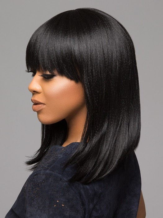 Styled in a long bob with full bangs | Color: 1B