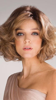 AMAL by Rene of Paris in MACADAMIA-LR | Medium brown and light honey brown evenly blended with long dark brown roots (PIECE WAS STYLED AND CURLED)