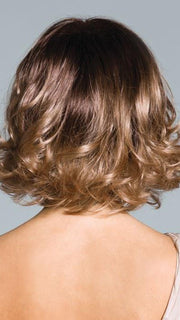 MACADAMIA-LR | Medium brown and light honey brown evenly blended with long dark brown roots (PIECE WAS STYLED AND CURLED)