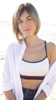 MACADAMIA-LR | The root is soft brown color that melts into a beige blonde color.