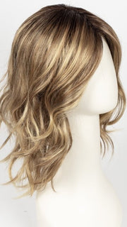 LIGHT-BERNSTEIN-ROOTED 20.27.12 | Light Auburn, Light Honey Blonde, and Light Reddish Brown blend and Dark Roots  Edit alt text