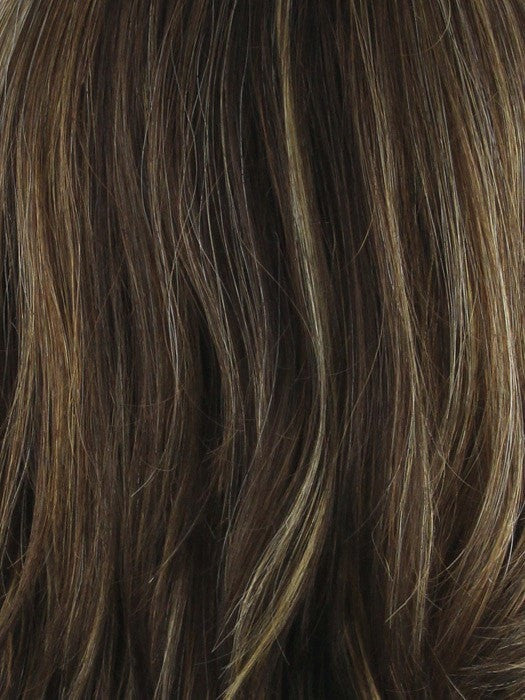 ALMOND ROCKA R | Rooted Dark Golden Brown base color with Strawberry Blonde and Bright Cooper evenly blended highlights
