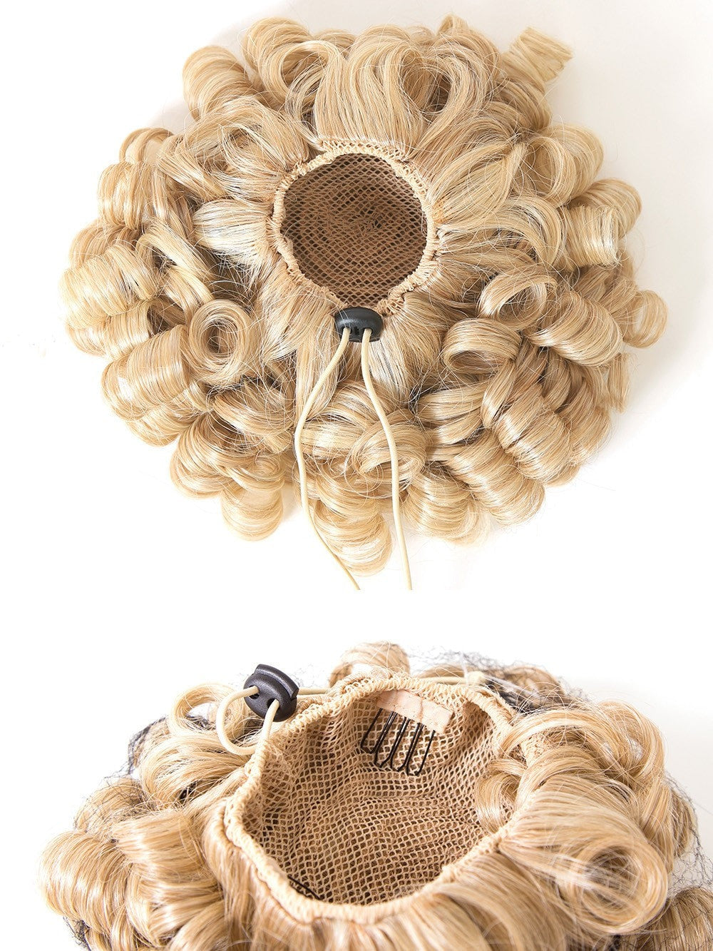 15" long, spiral curl, drawstring pocket 'pony' with three 4-prong combs for secure attachment.