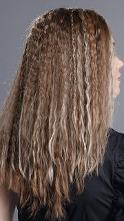 TOBACCO-ROOTED 12.26.27 | Lightest Brown, Light Golden Blonde, and Dark Strawberry Blonde blend with Dark Shaded Roots | Style has been crimped with a heat styling tool