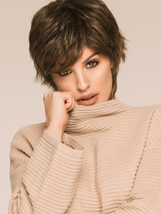 MIRANDA by Ellen Wille in MOCCA-ROOTED | Light Brown base with Light Caramel highlights on the top only, darker nape PPC MAIN IMAGE FB MAIN IMAGE