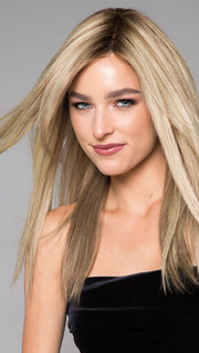 ANGIE EXCLUSIVE by Jon Renau in 12FS8 | Light Gold Brown, Light Natural Gold Blonde and Pale Natural Gold-Blonde Blend, Shaded with Medium Brown (This piece has been styled and straightened)
