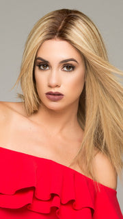 SIENNA by JON RENAU in 12FS8 SHADED PRALINE | Medium Natural Gold Blonde, Light Gold Blonde, Pale Natural Blonde Blend, Shaded with Dark Brown (This piece has been styled and straightened)