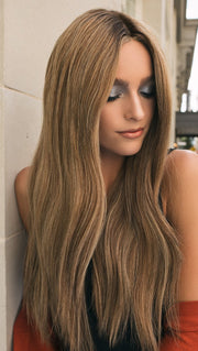 GLAMOUR AND MORE Remy Human Hair by RAQUEL WELCH in SS12/22 SHADED CAPPUCCINO | Light Golden Brown Evenly Blended with Cool Platinum Blonde Highlights and Dark Roots (This piece has been styled)