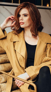 SIMMER by RAQUEL WELCH in RL32/31 CINNABAR | Medium Dark Auburn Evenly Blended with Medium Light Auburn (Model is wearing Simmer with a wefted back)
