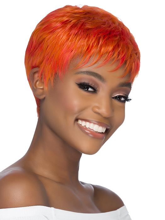 A feathered cut wig with short layers
