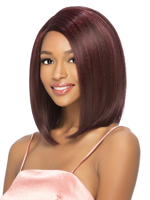 A 12 inch straight bob with a side part