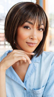 Scorpio PM by Rene of Paris in CHOCOLATE-FROST-R | Dark Brown Base with Honey Blonde and Platinum highlights with Dark Brown roots