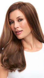 This long Remy human hair volumizer is worn over the entire crown, providing the most coverage of any clip in hair topper.
