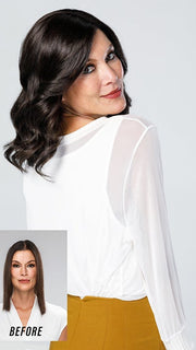 This hair topper allows you to incorporate your biological hair into your hairstyle