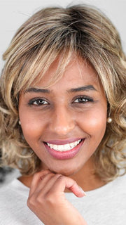 Sophia wearing CAT by ELLEN WILLE in color LIGHT-BERNSTEIN-ROOTED | Light Auburn, Light Honey Blonde, and Light Reddish Brown blend and Dark Roots